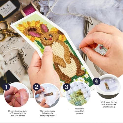 INFUNLY 6 Set Brown Rabbit DIY Cross Stitch Bookmark Kits for Adults Flowers Counted Cross Stitch Kit with Instructions Bunny Stamped Embroidery Bookmark Kit for Book Lovers Readers Gift - Image 4