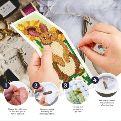 INFUNLY 6 Set Brown Rabbit DIY Cross Stitch Bookmark Kits for Adults Flowers Counted Cross Stitch Kit with Instructions Bunny Stamped Embroidery Bookmark Kit for Book Lovers Readers Gift - Image 4