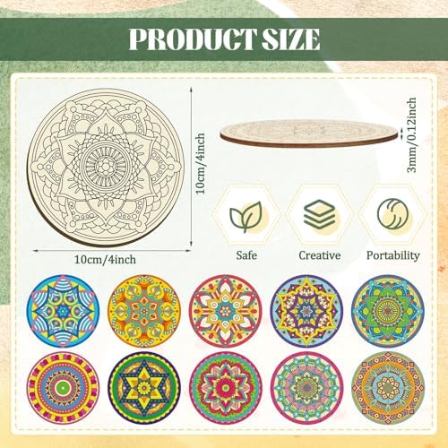 Reallnaive 45 Pcs Wooden Coaster Painting Kit, 10 Mandala DIY Markers - Image 2