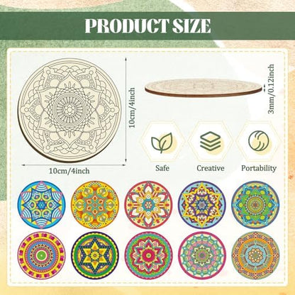 Reallnaive 45 Pcs Wooden Coaster Painting Kit, 10 Mandala DIY Markers - Image 2