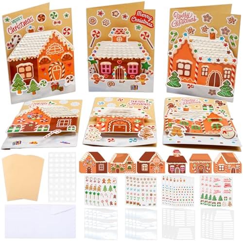 ojustbeok 24 Sets Christmas Gingerbread Craft Kit for 3D Gingerbread House Card Making Your Own Festive Winter Greeting Cards Xmas DIY Card Crafts for Holiday Home Art Crafts Supplies by ojustbeok