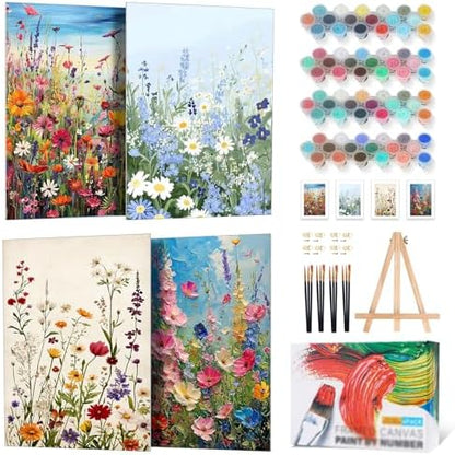 4 Pack Framed Paint by Numbers Kit for Adults Wildflowers with Wooden Easel by Yezavesu