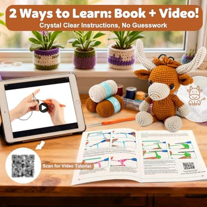 Faircosy Learn to Crochet Beginner Kit: All in One Highland Cow Crochet DIY Kit with Yarn, Crochet Hooks, Video Guide - Make Adorable Cow for Women, Teens & Adults - Great Learning Craft Gift - Image 3