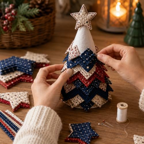 SamLng DIY Christmas Quilted Fabric Tree Kit, 3D Folded Fabric Sewing Craft Project for Adults & Beginners, Americana Christmas Tree Quilt Kit Tabletop Indoor Decor - Image 5