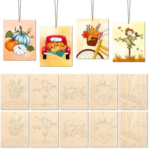 COCHIE 10PCS Large Fall Unfinished Wood Crafts to Paint for Adults, Bulk Predrilled Wooden Ornaments for Painting, Pumpkin Scarecrow Maple Leaf Paintable Wood Slices Craft Supplies with Ropes by COCHIE