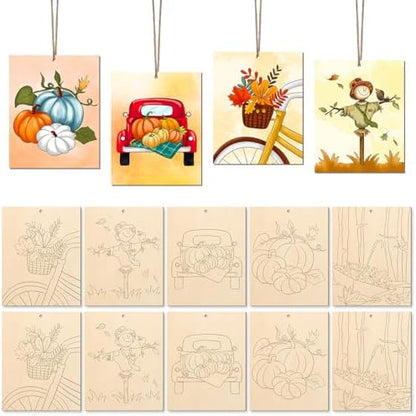COCHIE 10PCS Large Fall Unfinished Wood Crafts to Paint for Adults, Bulk Predrilled Wooden Ornaments for Painting, Pumpkin Scarecrow Maple Leaf Paintable Wood Slices Craft Supplies with Ropes by COCHIE