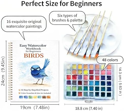 Watercolor Workbook for Beginners – Birds, 16 Original Watercolor Projects, Watercolor Kit with 48 Colors Paint Set, 6 Brushes & Palette, Watercolor Workbook for Adults,Creative Art Gift - Image 2