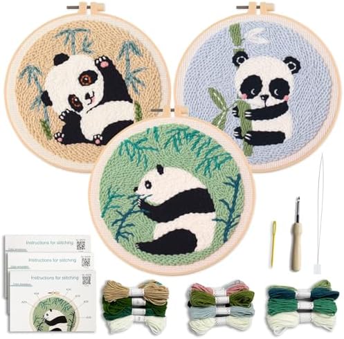 Myfelicity Punch Needle Panda Embroidery Kits, Set of 3, Including Tools Such as Patterned Punching Cloth and Needles by Myfelicityembroiderykit