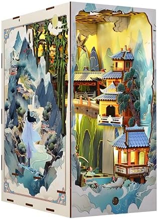 Book Nook Kit for Adults, DIY Dollhouse Booknooks Penglai Wonderland Landscape Decor Chinese Landscapes Bookshelf Insert with Dust Cover LED 3D Wooden Puzzle Assembly Model Creative Gift by Ahilmrn