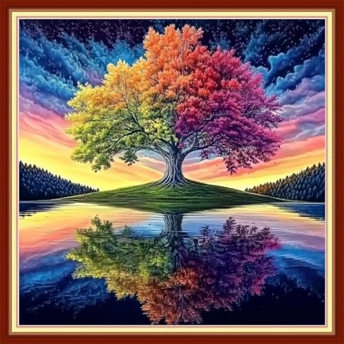 Redxing Stamped Cross Stitch Kits Embroidery kit for Beginners Adults Full Range of Embroidery Patterns Starter Kits DIY Printed Cross Stitch Kits Needlepoint Kits 11CT-Reflection Tree 18x18 inchs by RedxingStampedCrossStitchK
