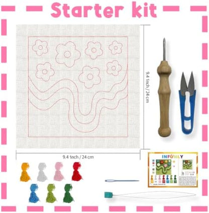 INFUNLY Green Moss Punch Needle Kit for Beginners Flowers Punch Needle Embroidery Kits for Adults DIY Punch-Stitching Kit with Instruction Threader Needles Square Frame for Wall Decor 9.4''x9.4'' - Image 2