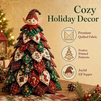 Quilted Christmas Tree Kit – Pre-Cut Fabric & Foam Cone DIY Tabletop Decoration with Tree Topper, No-Sew Holiday Craft Kit for Adults & Kids, Christmas Tree Decorations for Home, Party & Gifts (set4) - Image 2