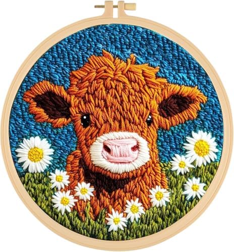 RUIQLXHANG Punch Needle Kits Adults Beginner, Cute Cartoon Highland Cow with Daisy Flower for Beginners, Punch Needle Starter Craft Set with 20cm Hoop, Perfect for Festival Gift and Decoration by RUIQLXHANG