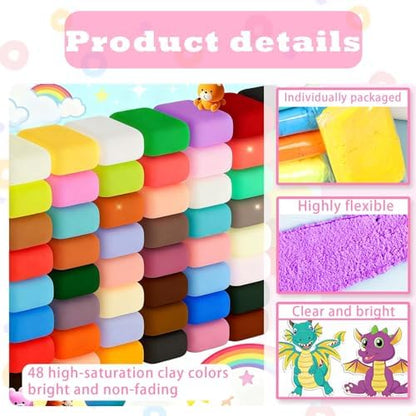 Adult Air Dry Clay Kit 48 Colors,8 Dinosaur Sticker Sheets,3 Sculpting Tools,20 Assorted Adhesive Eyes&6 Dinosaur Molds,Soft Lightweight Modeling Clay for DIY Sculpting, Handcraft Creation for adult - Image 2