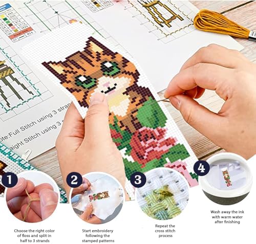 FREEBLOSS 6 Set Cat Cross Stitch Bookmark Kits Rose Pattern Stamped Cross Stitch Kit DIY Embroidery Kit Bookmark Craft Kit with Instructions for Beginners 6x20cm - Image 4