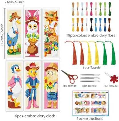 INFUNLY 6PCS Farm Animals Cross Stitch Bookmark Kit 3x8.5 Inches Farm Duck Stamped Embroidery Bookmark Kits with Cartoon Animals Needlepoint Bookmark Kit with Instruction for Book Lovers Readers - Image 2