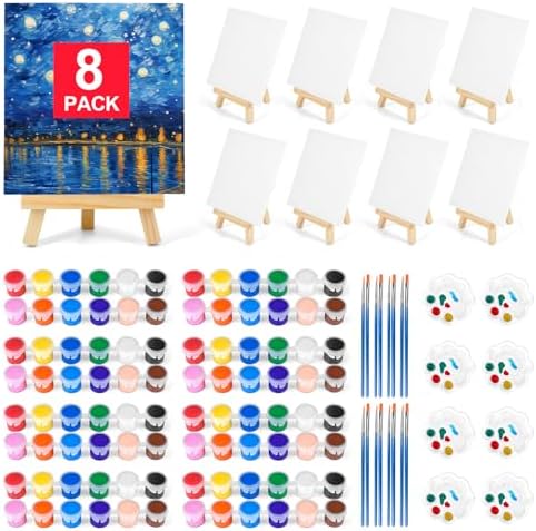 8 Pack 8 * 10In Canvas Boards for Painting, Art Canvas for Drawing with 16 Brushes & 8 Paint Trays & 16 Acrylic Paint, Mini Painting Canvas with Easel Set, Painting Kits for Adults Party by Pomaylor