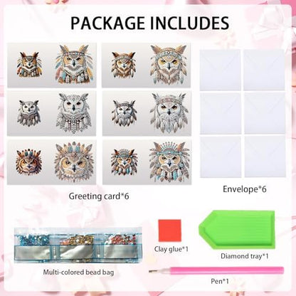 Tontut 6pcs Diamond Art Painting Kit Greeting Card, Battle Feather Owl 5D DIY Special Shape Diamond Painting Christmas Birthday Greeting Card Creative Gifts - Image 3