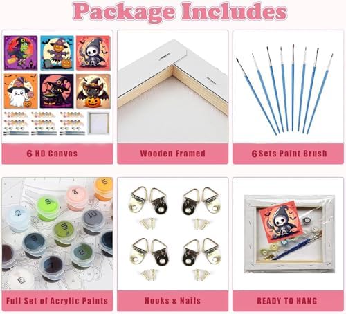 MXCFZX 6 Pack Ghost Paint by Numbers for Kids/Adult, Halloween Painting, Children's Adult Paint by Number, Ages 4-12, DIY Acrylic Oil Painting Set, Suitable for Home Wall Decoration 8 x 8 inch - Image 4