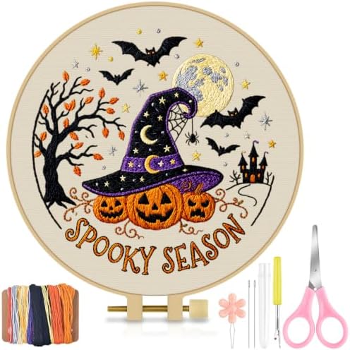 TINDTOP Halloween Embroidery Kit for Adult, Embroidery DIY Starter Kit, with Stamped Patterns, Hoop, Tools, Colorful Threads with Needles, Instructions (Halloween A) by TINDTOP