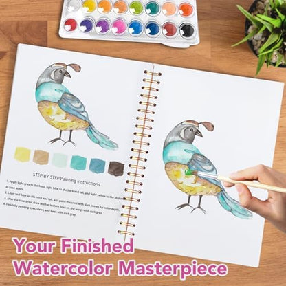 Easy Watercolor Workbook for Beginners - 12 Beautiful Step-by-Step Paintings Water Coloring Book, Includes 16 Colors Paints, Relaxing Art Projects and Creative Gift for Adults & Teen (Birds) - Image 6