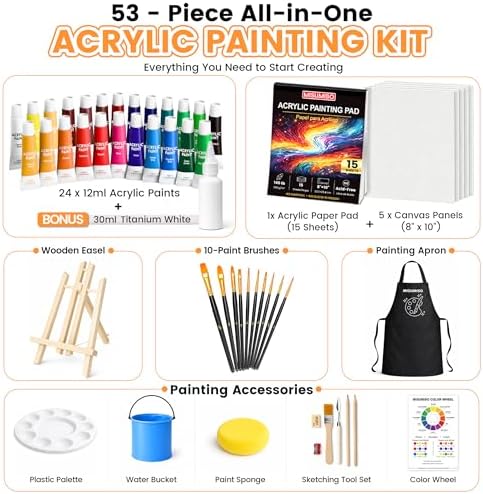MISUMISO Acrylic Paint Set for Beginners - 24 Colors Painting Kit with Canvas Panels, Easel, 10 Brushes, Apron, Palette & Accessories - Art Kit Painting Supplies for Adults Kids Teens, Gift Set - Image 4