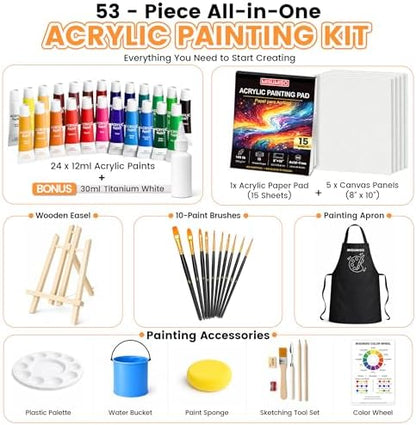 MISUMISO Acrylic Paint Set for Beginners - 24 Colors Painting Kit with Canvas Panels, Easel, 10 Brushes, Apron, Palette & Accessories - Art Kit Painting Supplies for Adults Kids Teens, Gift Set - Image 4