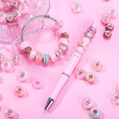 Aipridy Large Hole European Beads, Craft Supplies Kit，Assorted Mixed Color Lampwork Spacer Beads for DIY Bracelet Jewelry Making (100, Pink) - Image 3