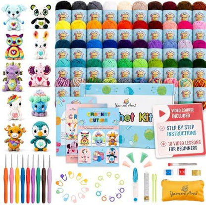 YammiAmi 1,800 Yards Beginner Crochet Kit for Adults, 103-Piece Starter Set with 50 Skeins of Yarn, Accessories, and 10 Amigurumi E-Book Patterns with Video Tutorials by YammiAmiCompleteCrochetKits
