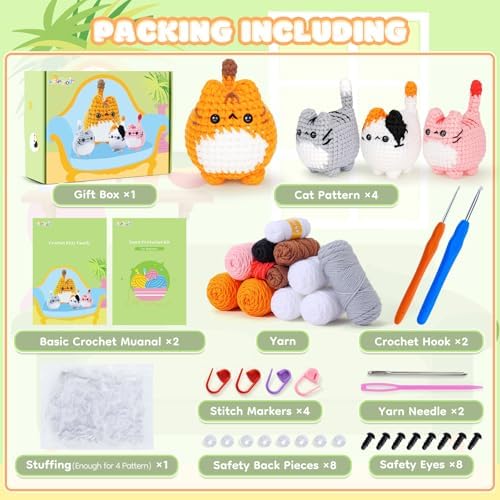 Crochet Kit for Beginners-4PCS Cat Crochet Kits for Adults, Teacher Appreciation Gifts, Crochet Starter Kit with Step-by-Step Video Tutorials, Crochet Animals Kits DIY Craft Kit Learn to Crochet Kits - Image 3