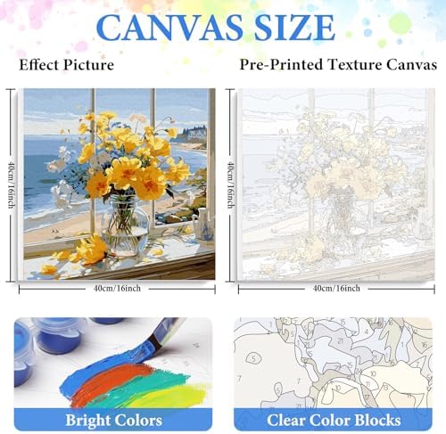 PRASIO Framed Paint by Numbers Kit for Adults Beginner with Easel, Flowers Adult Paint by Number Kits on Canvas Framed, DIY Acrylic Watercolor Oil Paint by Number with Frame for Home Decor 16x16 Inch - Image 3