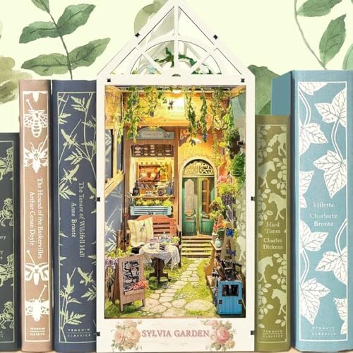 Book Nook Kits for Adults, 3D Wooden Dollhouse Kit with LED Lights, DIY Miniature House kit for Bookshelf Decor, and Crafts (Sylvia Garden) - Image 2