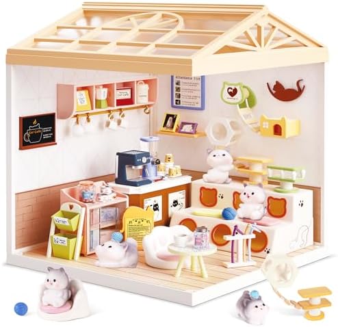 Cat Cafe DIY Miniature House Kit for Adults, 3D Dollhouse with LED Light & Dustproof Door, Stackable Connectable Display Case, Creative Gift for Coffee & Cat Lovers Teens Women by BeepZipp