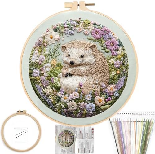 FONNUY Embroidery Kit for Beginners, Cute Hedgehog Stamped Embroidery Patterns Kits for Adults with Hoop, Easy to Follow Sewing Thread Needlework, 8'' Hoop (Adorably Spiky) by FONNUY
