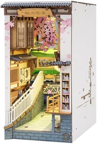 ROBOTIME DIY Book Nook Kit DIY Miniature Dollhouse Booknook Kit 3D Wooden Puzzle with LED Light,Decorative Bookend Bookshelf Insert Decor for Teens and Adults (Sakura Tram) by ROBOTIMEBuildingThingstoLife