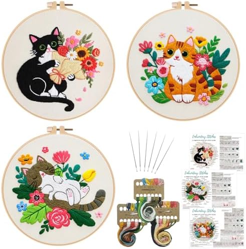 Nuberlic 3 Pack Cat Embroidery Kit for Beginners Adults by Nuberlic