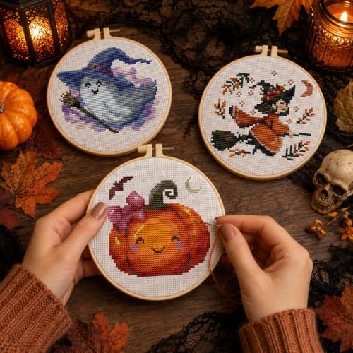3 Pack Halloween Stamped Cross Stitch Kits for Beginners,with Hoop 6x6in - Image 7