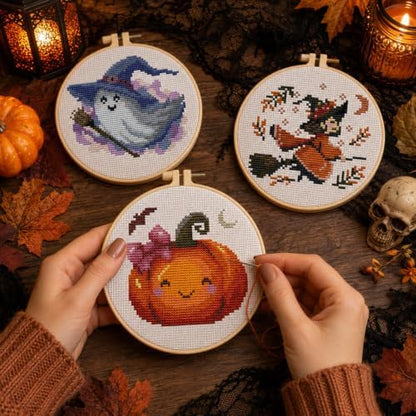 3 Pack Halloween Stamped Cross Stitch Kits for Beginners,with Hoop 6x6in - Image 7