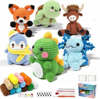 6PCS Crochet Kit for Beginners with Video Tutorial DIY Crochet Animals by OurWarm