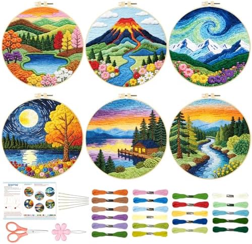 BEUNITONE 6 Pack Hand Embroidery Starter Kit for Adults with Pre-Print Scenery Pattern, Needlepoint Kits with Embroidery Hoop and Instructions, DIY Funny Craft Kits for Gifts and Home Decor by BEUNITONE