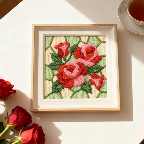 INFUNLY Roses Punch Needle Kit Square 9.4 Inches DIY Embroidery Punch Needle Set for Adults Red Pink Flowers Punches Stitching Starter Kits with Easy to Follow Instructions Festival Gift Home Decor - Image 6