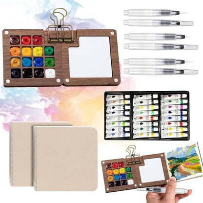 Tobeno1 Mini Watercolor Paint Set, Wooden Mini Portable Paint Palette Travel Kit, with Paint, Brush, Sketchbook & Copper Clip, for Beginners, Artists & Painting Enthusiasts (1 Set) by Unknown