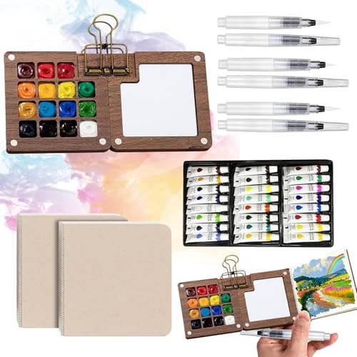 Tobeno1 Mini Watercolor Paint Set, Wooden Mini Portable Paint Palette Travel Kit, with Paint, Brush, Sketchbook & Copper Clip, for Beginners, Artists & Painting Enthusiasts (1 Set) by Unknown