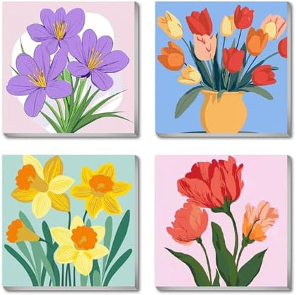 Canrichshop 4-Pack Framed Flowers Paint by Numbers Kit for Adults Beginner & All Ages 8-12 and More,Oil Painting by Numbers for Kids, DIY Number Paint Decor Present 8X 8 inch by Canrichshop