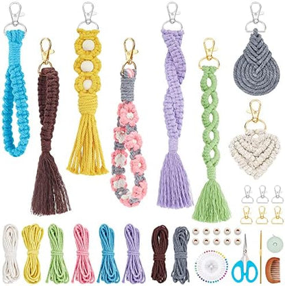 INFUNLY 8 Set DIY Macrame Wristlet Keychain Kits for Adults Colorful Macrame Cord Knotting Kit Boho Mini Macrame Tassel Keychain with Instruction + Video for Car Key Purse Phone Wallet Charm by INFUNLY