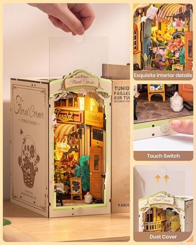 Rolife DIY Book Nook Kits for Adults, Miniature Dollhouse Booknook Kit for Home Room Decor, 3D Wooden Puzzle with LED, Flower Corner Creative Bookends Bookshelf Diorama Insert - Image 5
