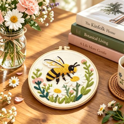 DIY Punch Needle Kits Yellow Bee in Flowers 20x20cm-3 - Image 4