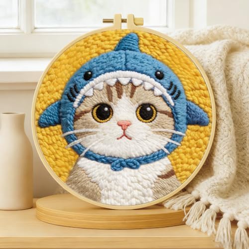 BEUNITONE Shark Cat Punch Needle Kit for Adults Beginners, Complete DIY Craft Needlepoint Kits with Hoop, Punch Needle Starter Craft Embroidery Set for Handmade Decor & Stitching Projects 7.9X7.9" - Image 5