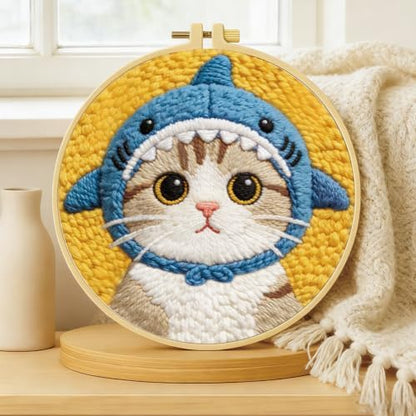 BEUNITONE Shark Cat Punch Needle Kit for Adults Beginners, Complete DIY Craft Needlepoint Kits with Hoop, Punch Needle Starter Craft Embroidery Set for Handmade Decor & Stitching Projects 7.9X7.9" - Image 5