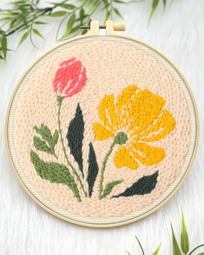 ERKOON Punch Needle Kit Adults Beginners, DIY Easy Floral Embroidery Set for Starter Art Craft, Needling Punch Project with Patterns, Tools, Yarns, Hoop, Instruction (Rhubarb Flowers) - Image 4